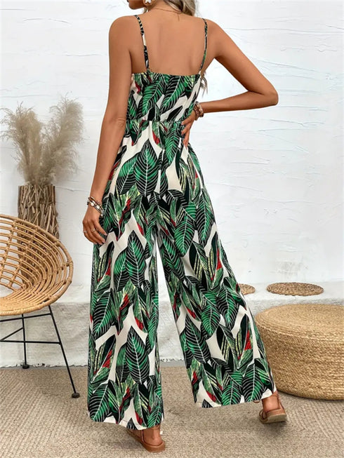 Tropical Print Spaghetti Strap Wide Leg Jumpsuit - Odaingerous